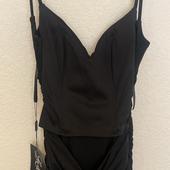 NWT La Femme Open Back Jersey Rouched Black Trumpet Gown - Picture 5 of 7